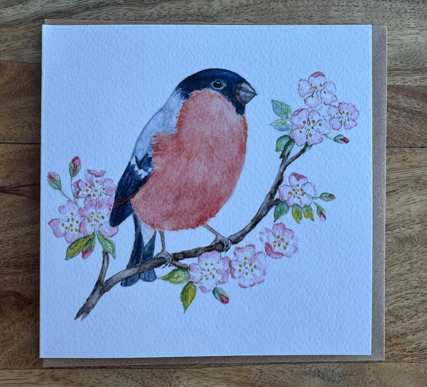 Bullfinch and Blossom Greeting Card, Blank Inside, Bird Greeting Card