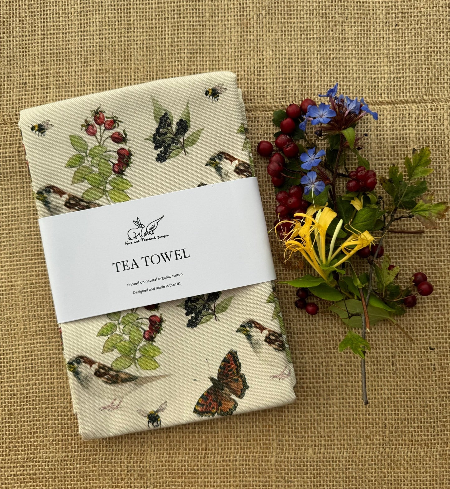 Autumn Hedgerow Tea Towel, Organic Cotton - Hare and Pheasant Designs