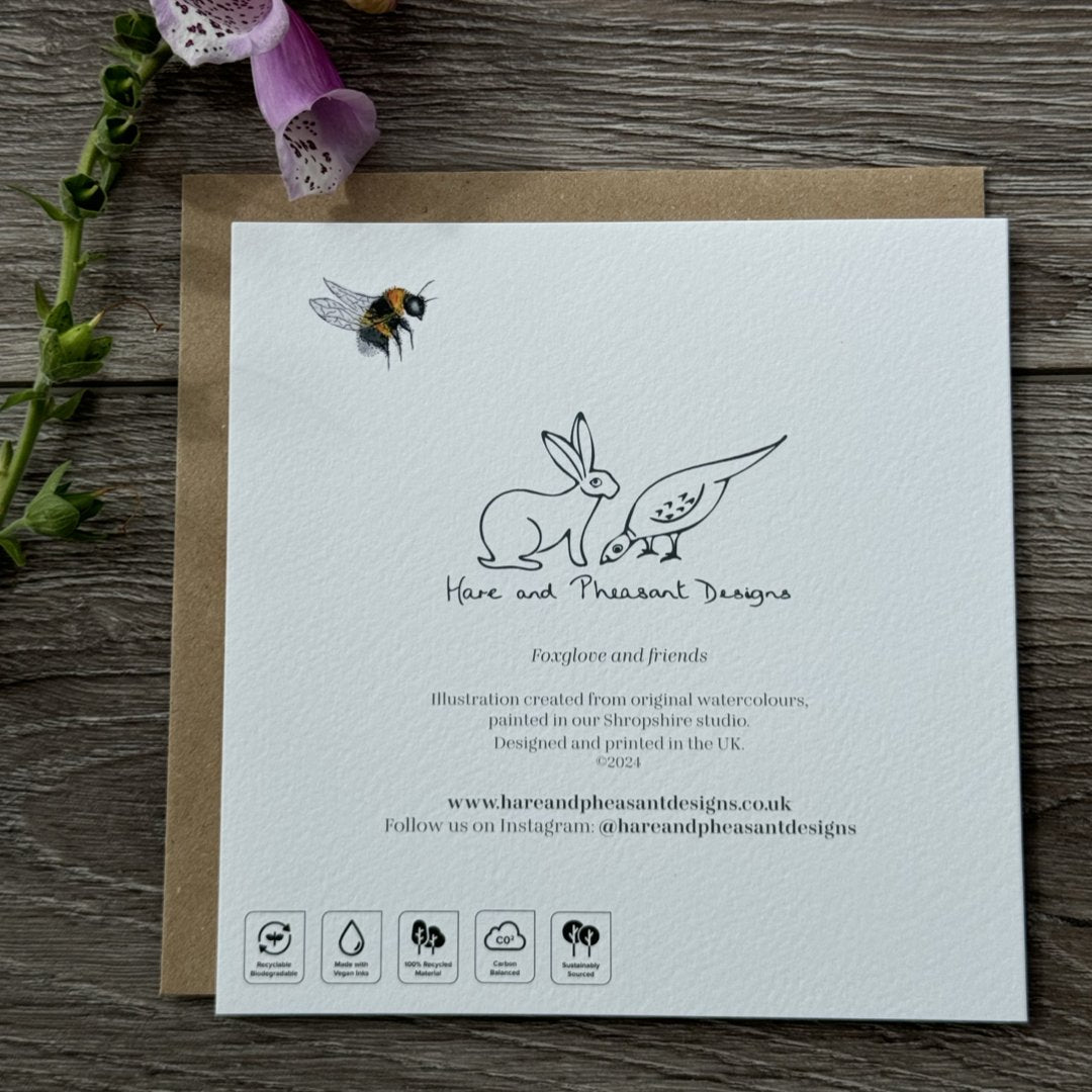 Foxglove and Bees Greeting Card, Bee Card, Wildflower Card, Blank Inside, Wildlife Greeting Card, Nature Greeting Card - Hare and Pheasant Designs