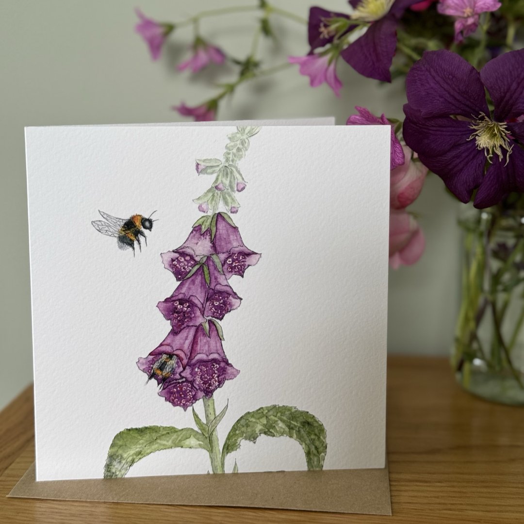 Foxglove and Bees Greeting Card, Bee Card, Wildflower Card, Blank Inside, Wildlife Greeting Card, Nature Greeting Card - Hare and Pheasant Designs