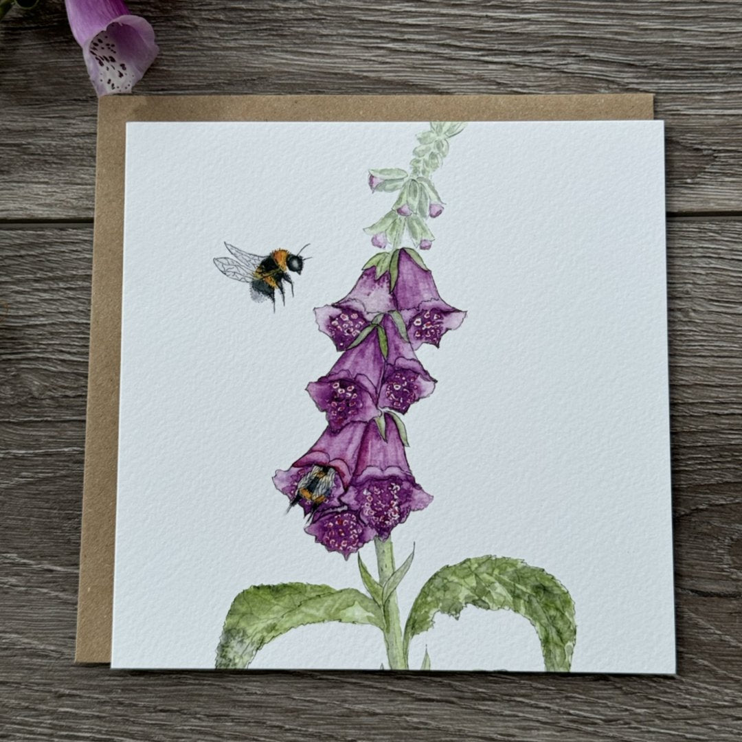 Foxglove and Bees Greeting Card, Bee Card, Wildflower Card, Blank Inside, Wildlife Greeting Card, Nature Greeting Card - Hare and Pheasant Designs