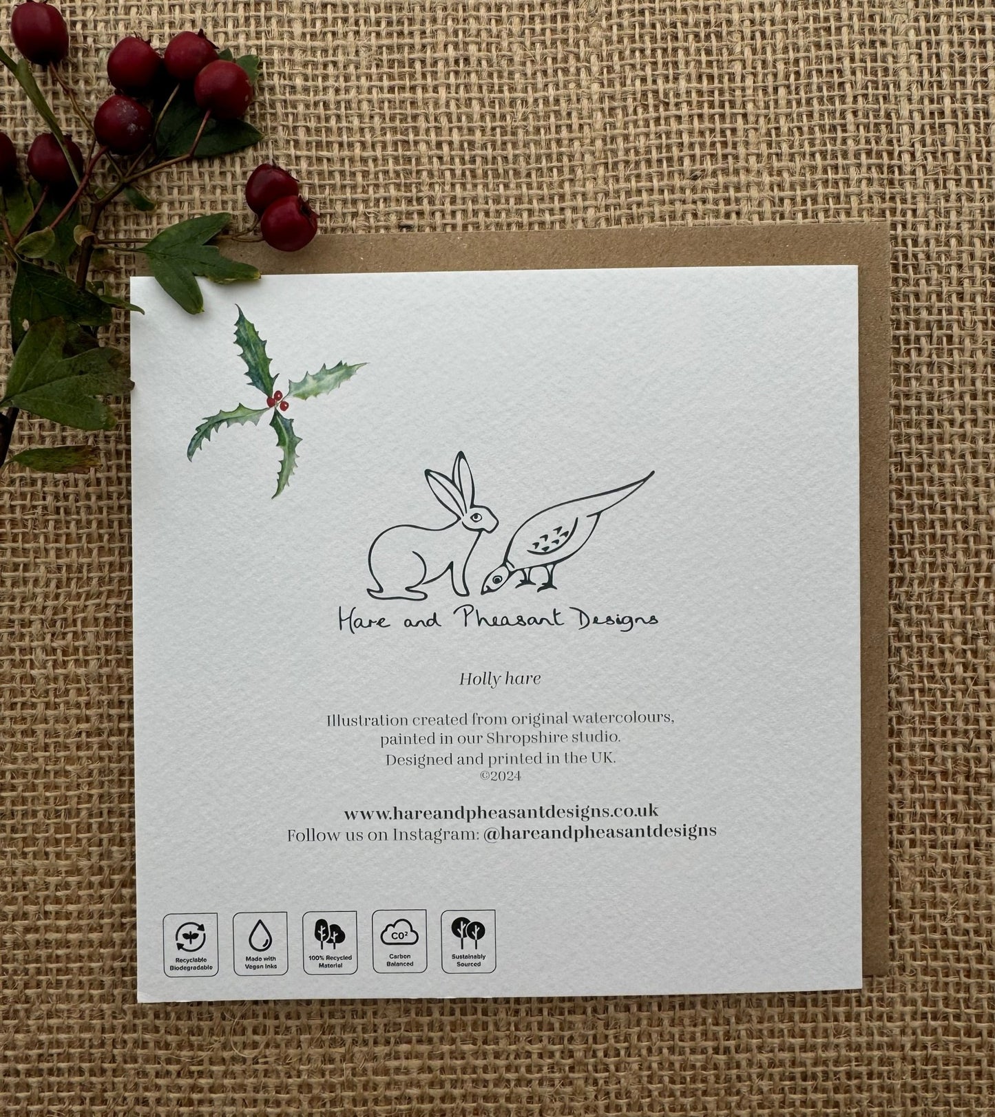 Hare Christmas Card, Christmas Greeting Card, Blank Inside - Hare and Pheasant Designs