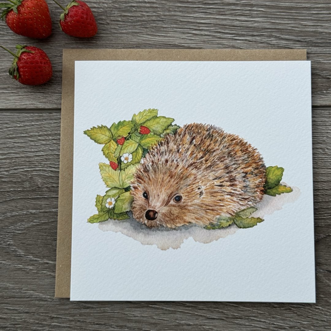 Hedgehog Greeting Card, Hedgehog and Strawberries Card, Blank Inside, Wildlife Greeting Card, Nature Greeting Card - Hare and Pheasant Designs