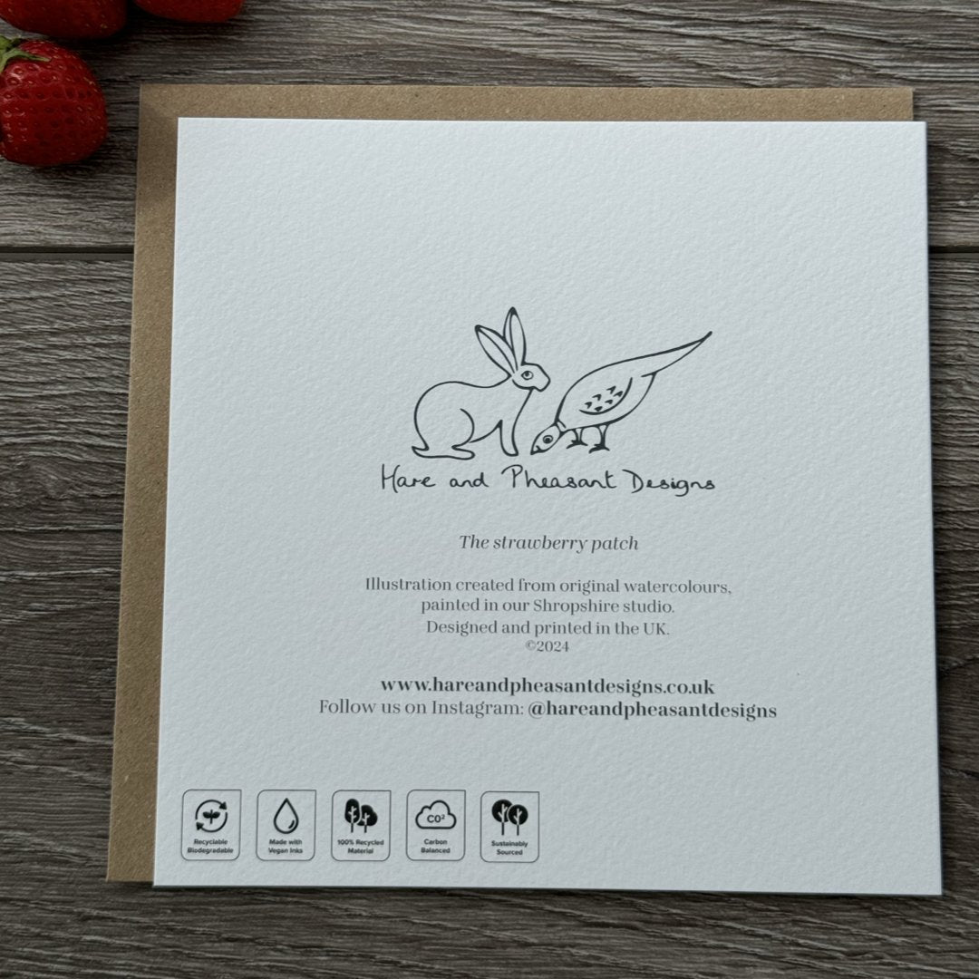 Hedgehog Greeting Card, Hedgehog and Strawberries Card, Blank Inside, Wildlife Greeting Card, Nature Greeting Card - Hare and Pheasant Designs