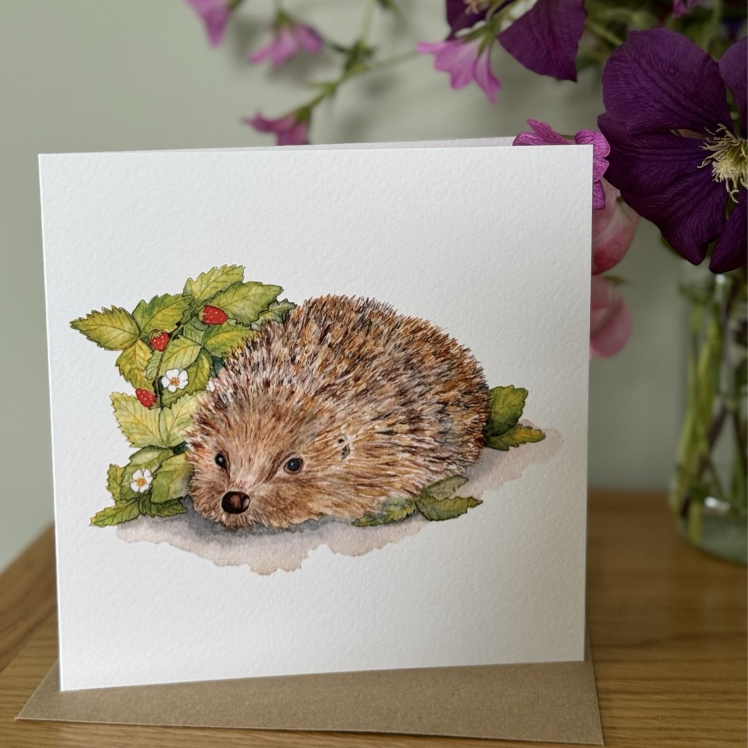 Hedgehog Greeting Card, Hedgehog and Strawberries Card, Blank Inside, Wildlife Greeting Card, Nature Greeting Card - Hare and Pheasant Designs