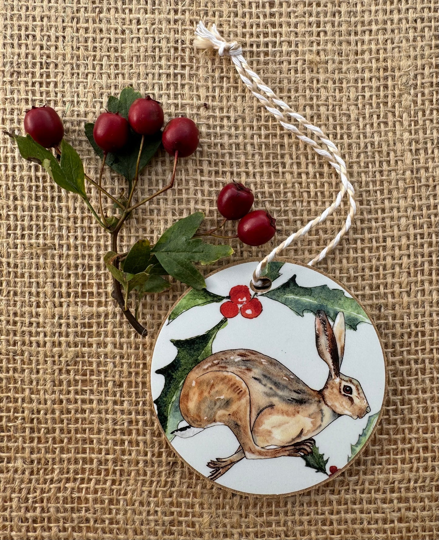 Leaping Hare Christmas Wooden Hanging Decoration