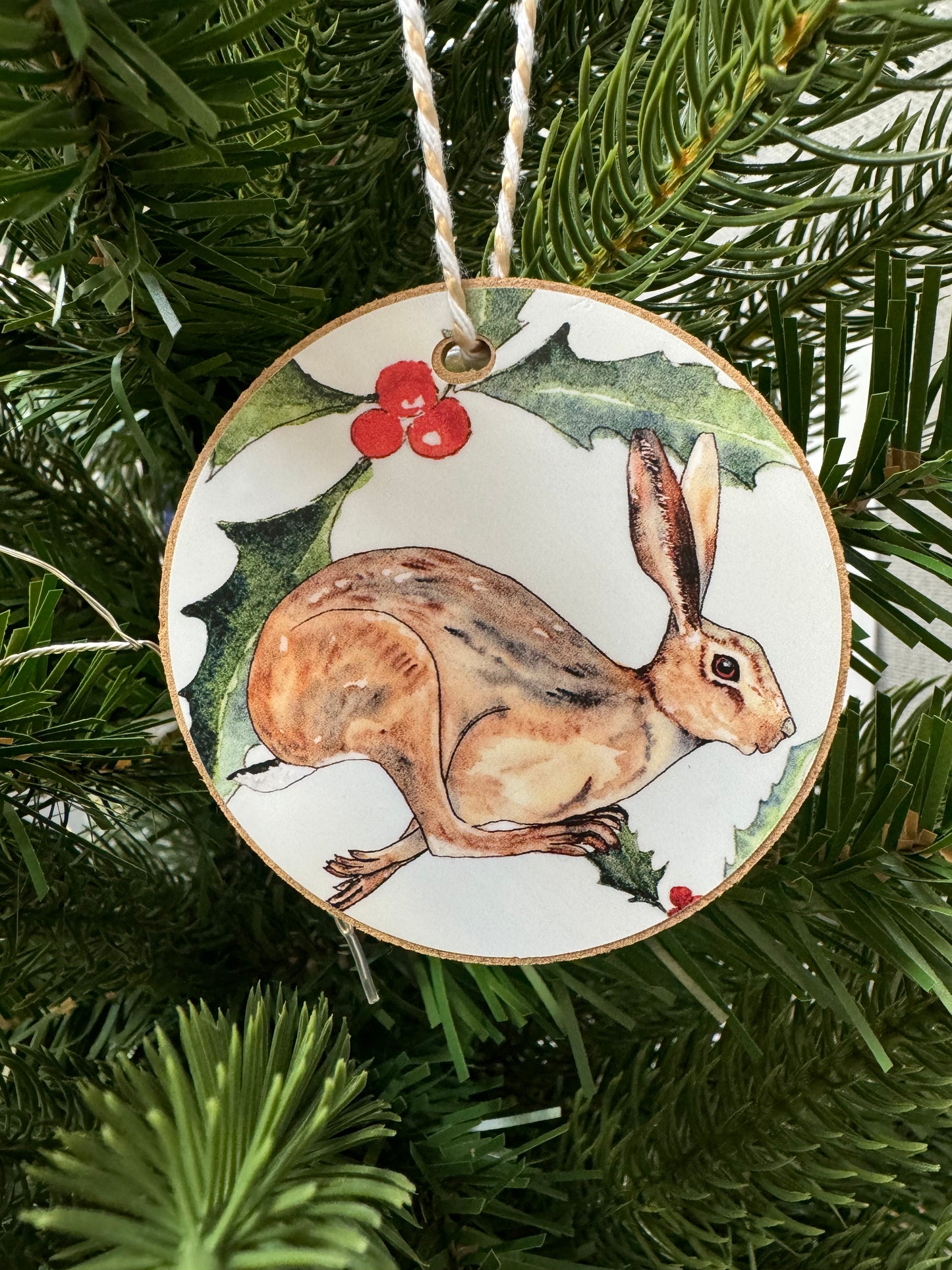 Leaping Hare Christmas Wooden Hanging Decoration